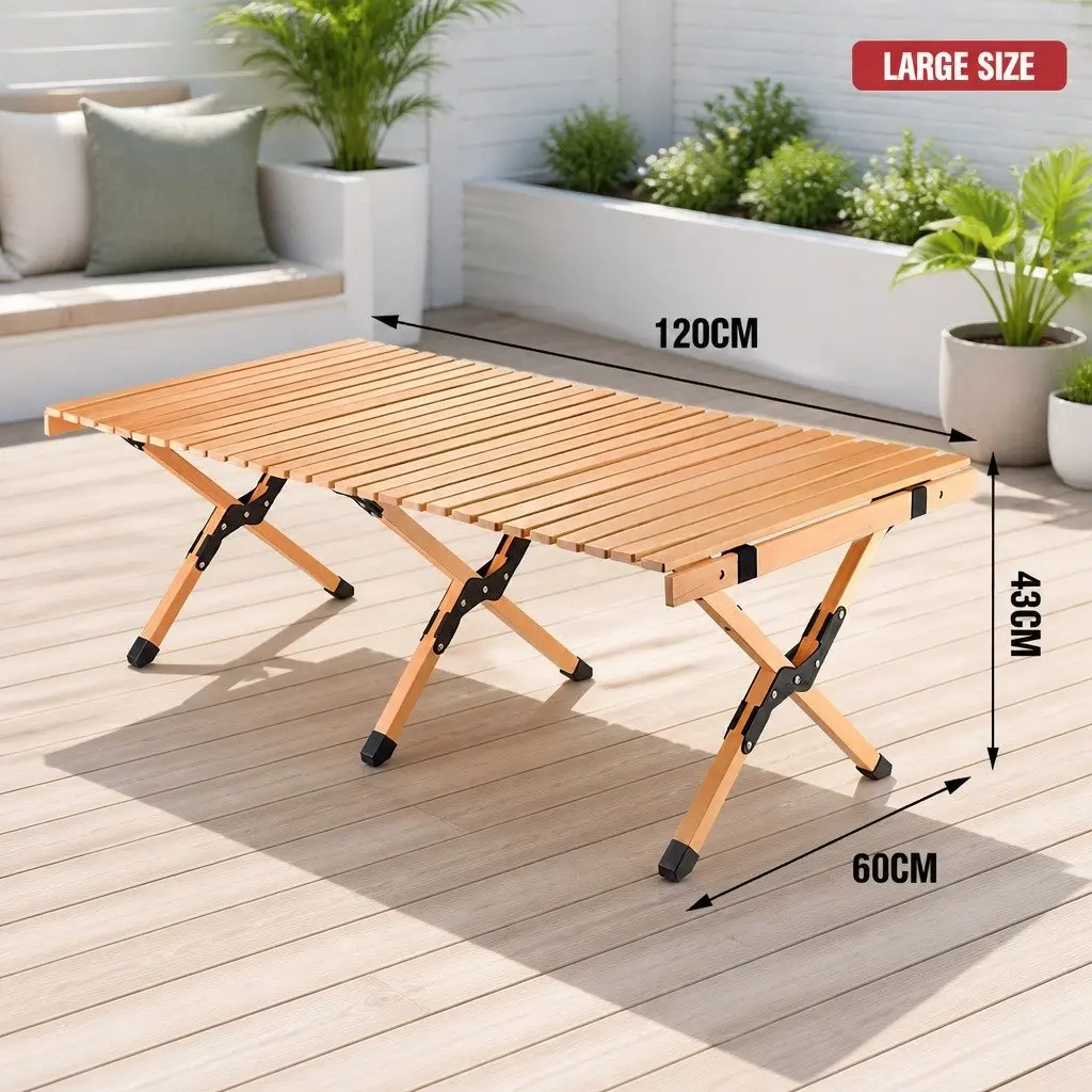 Folding Camping Table Lightweight Roll Up Beech Wood Beige Outdoor Picnic Beach Desk