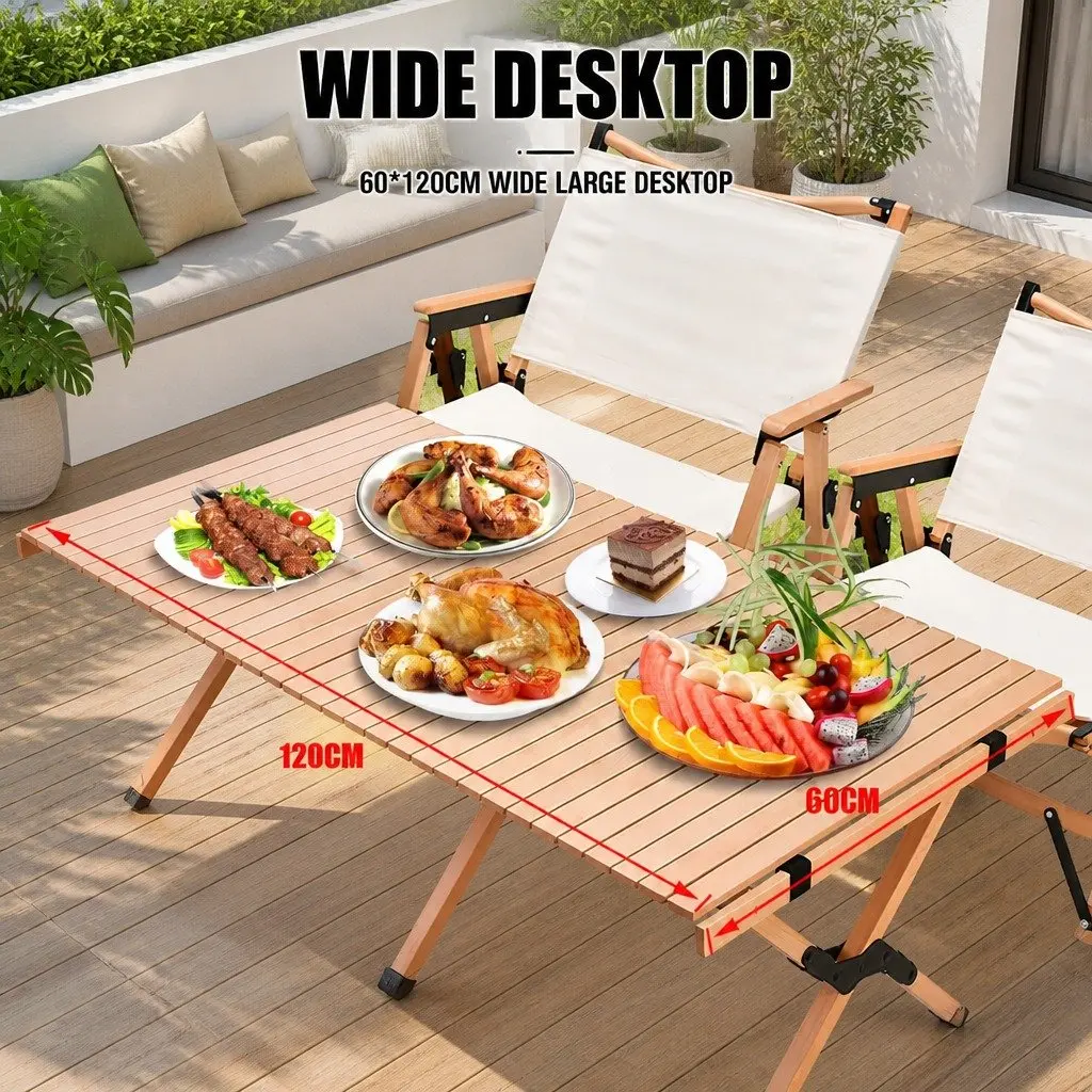 Folding Camping Table Lightweight Roll Up Beech Wood Beige Outdoor Picnic Beach Desk