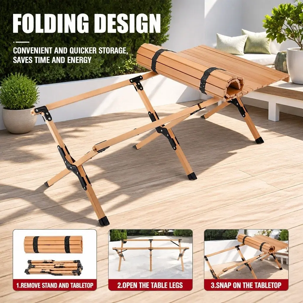 Folding Camping Table Lightweight Roll Up Beech Wood Beige Outdoor Picnic Beach Desk