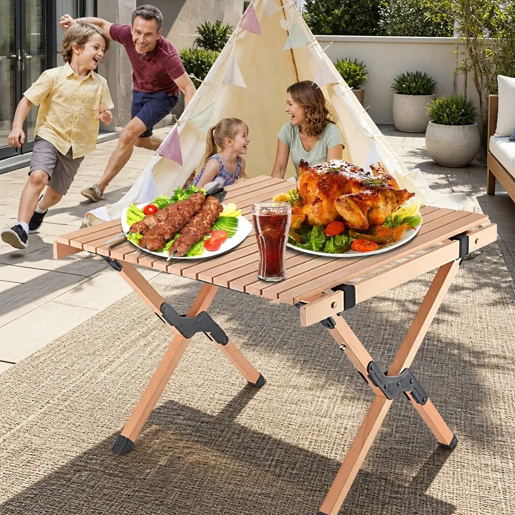 Camping Table Portable Folding Beech Wood Lightweight Beige 60x36x60cm