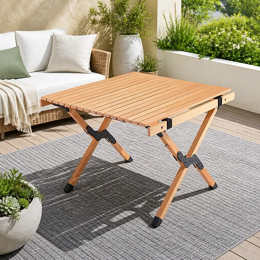 Camping Table Portable Folding Beech Wood Lightweight Beige 60x36x60cm