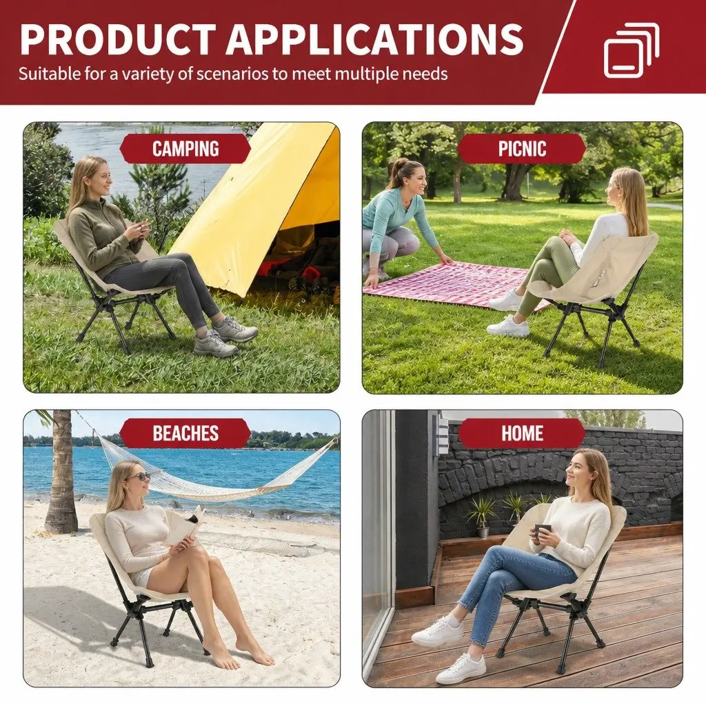 Camping Chair Portable Lightweight Ergonomic Moon Chair Khaki Oxford Fabric