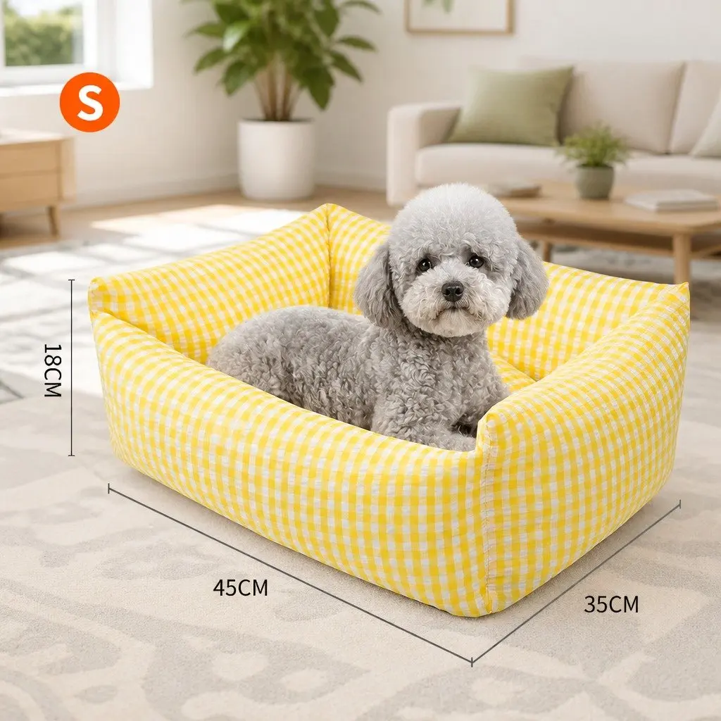 Pet Bed Removable Washable Cushion Square Basket for Dogs Cats Yellow
