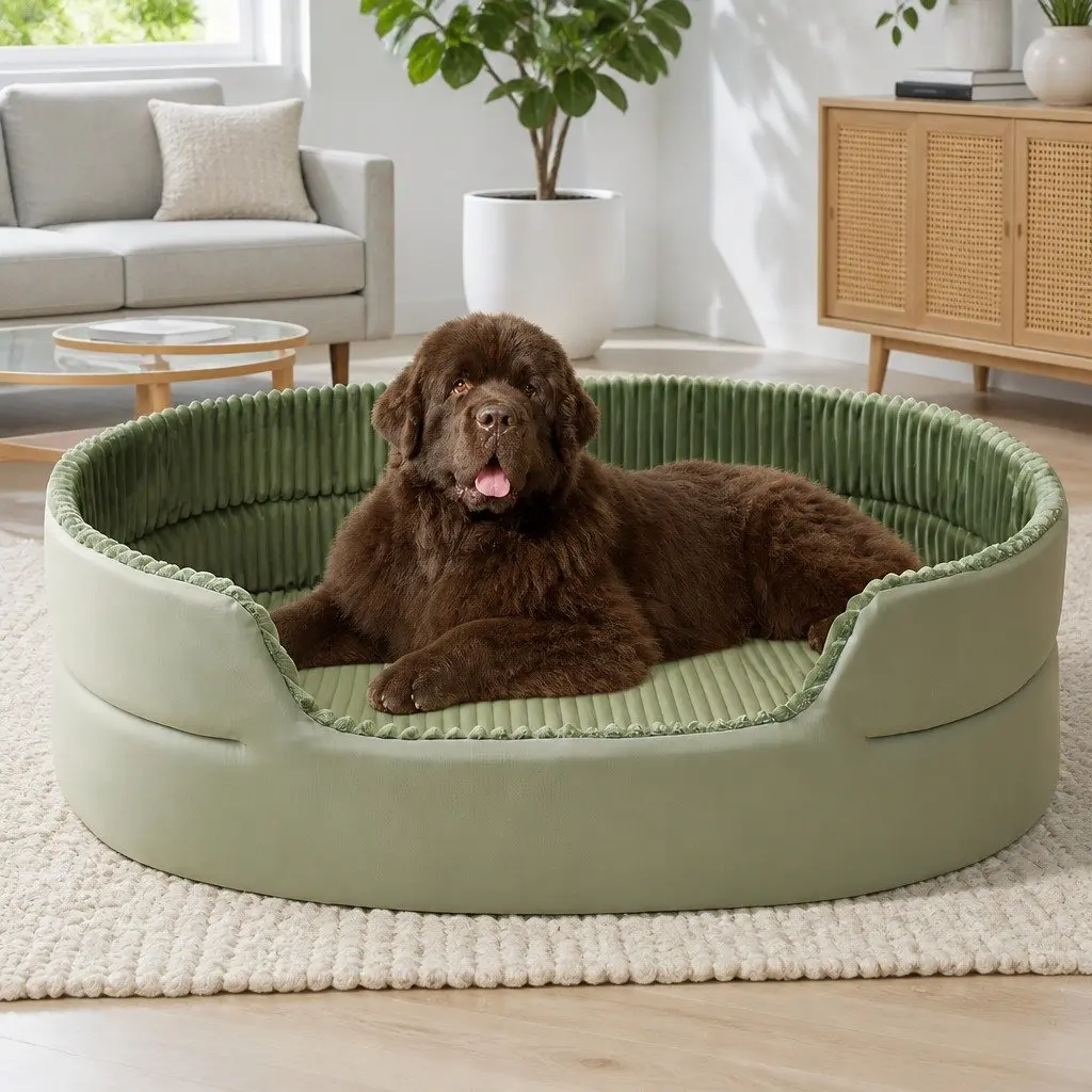Large XXL Semi-Enclosed Pet Nest Bed Striped Design Avocado Colored