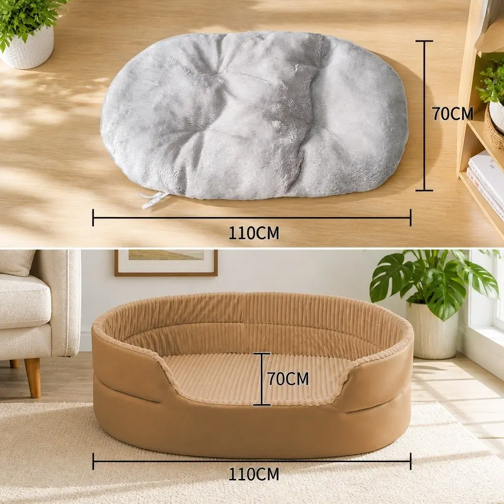 Dog Bed Double-Sided Striped Sofa-Style High Back Comfy 110x70cm Khaki