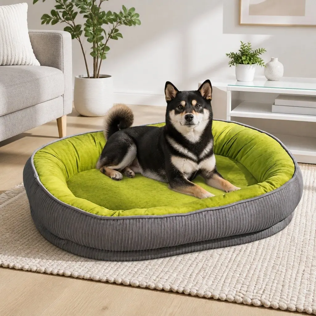 Oval Pet Bed Kennel Comfort Nest for Dogs Cats Large Green Fabric Suede