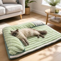 Striped Velvet Dog Bed Detachable Washable Reversible Dual-Sided Green Pet