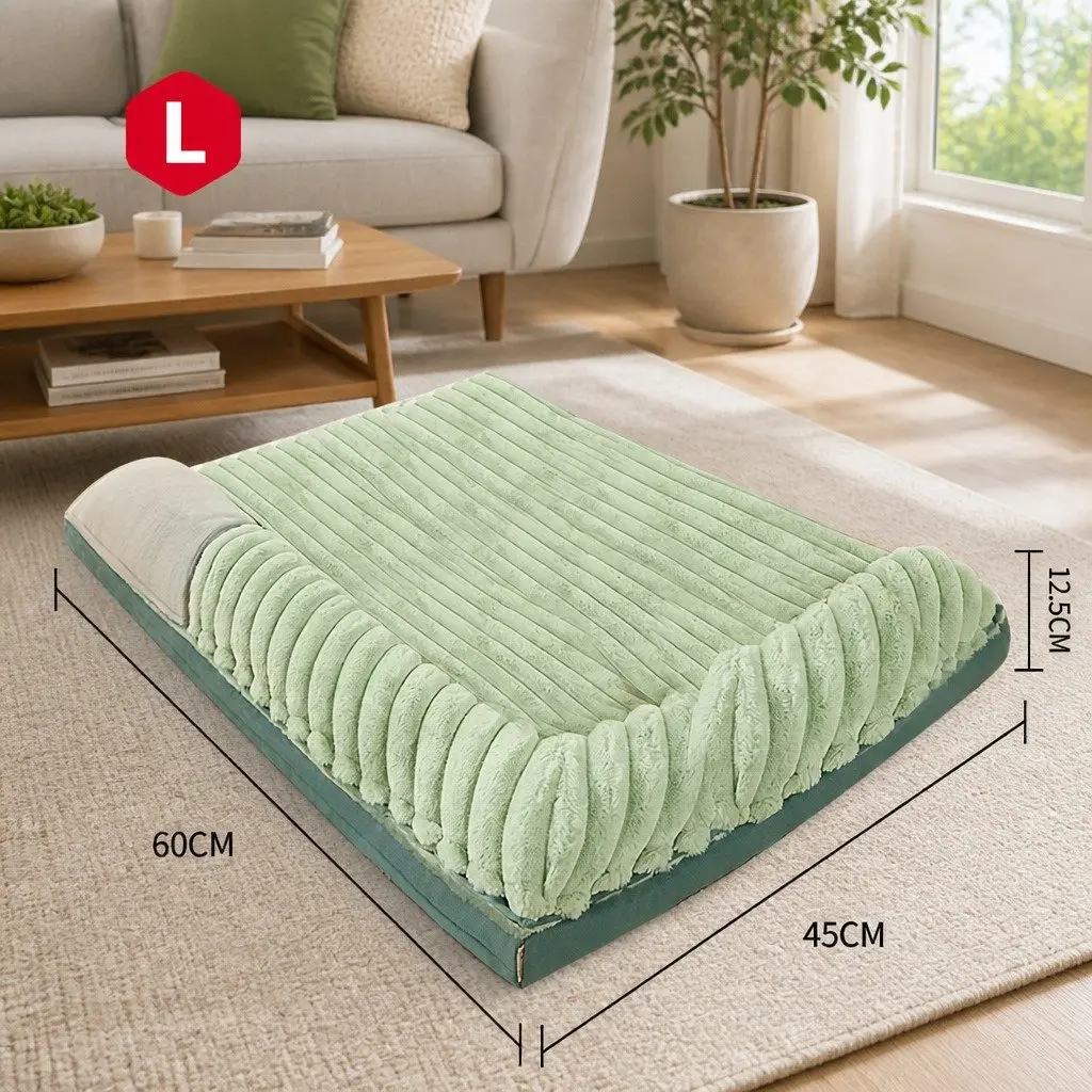 Dog Bed Striped Velvet Detachable Washable Reversible 60x45x12.5cm Green