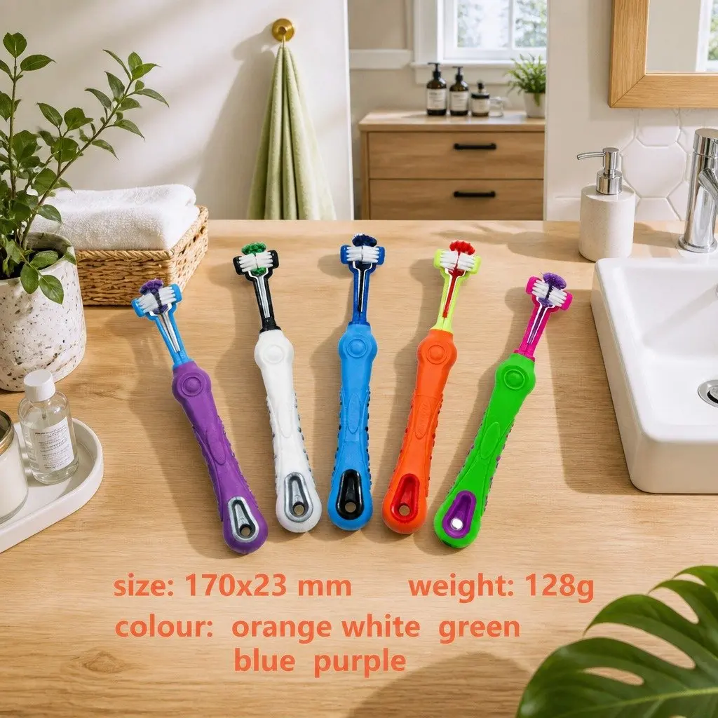 Pet Toothbrush Three-Head Multi-Angle Oral Cleaning Tool Green 17cm