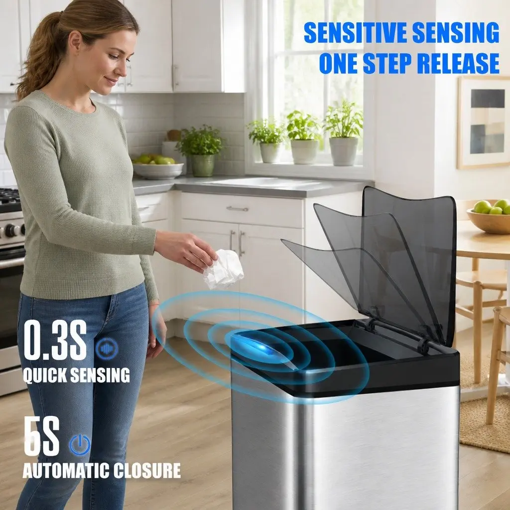 42L Automatic Motion Sensor Waste Bin Stainless Steel Kitchen Trash Can Silver