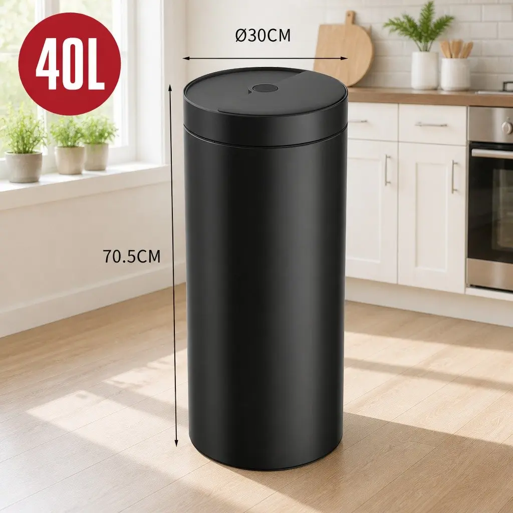40L Automatic Sensor Trash Can Touch Free Steel Body Black Kitchen Garbage Bin
