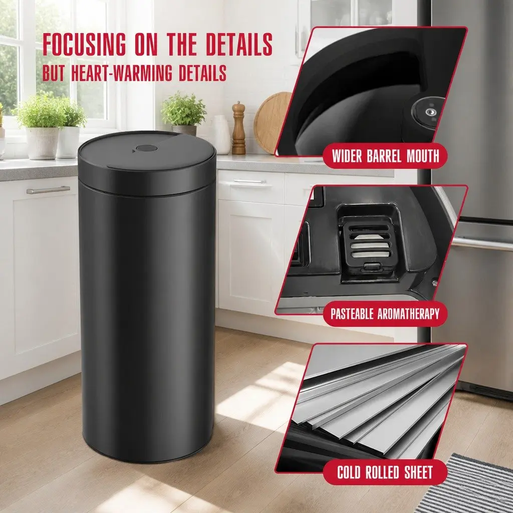40L Automatic Sensor Trash Can Touch Free Steel Body Black Kitchen Garbage Bin