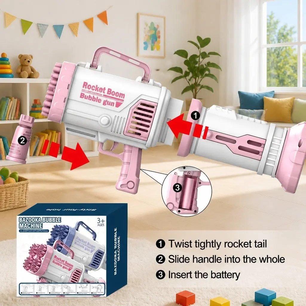 Electric Bubble Machine 64 Hole Hand-Held Gatling Toy Pink