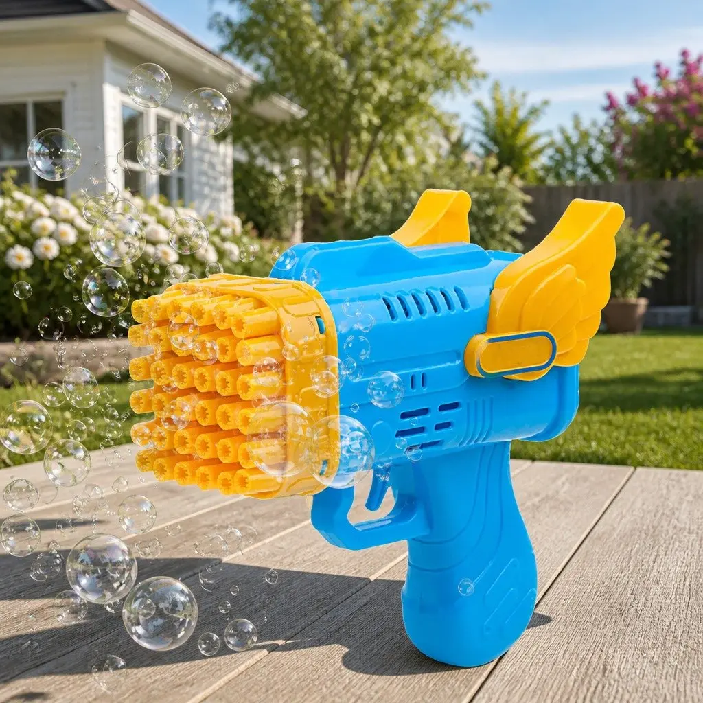 Bubble Blowing Gun Automatic 42 Hole Angel Wing Toy for Kids Yellow Plastic
