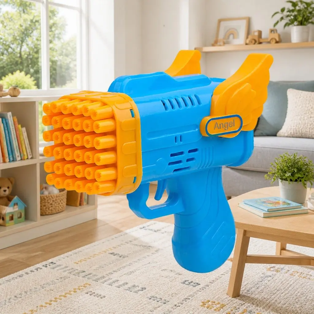 Bubble Blowing Gun Automatic 42 Hole Angel Wing Toy for Kids Yellow Plastic