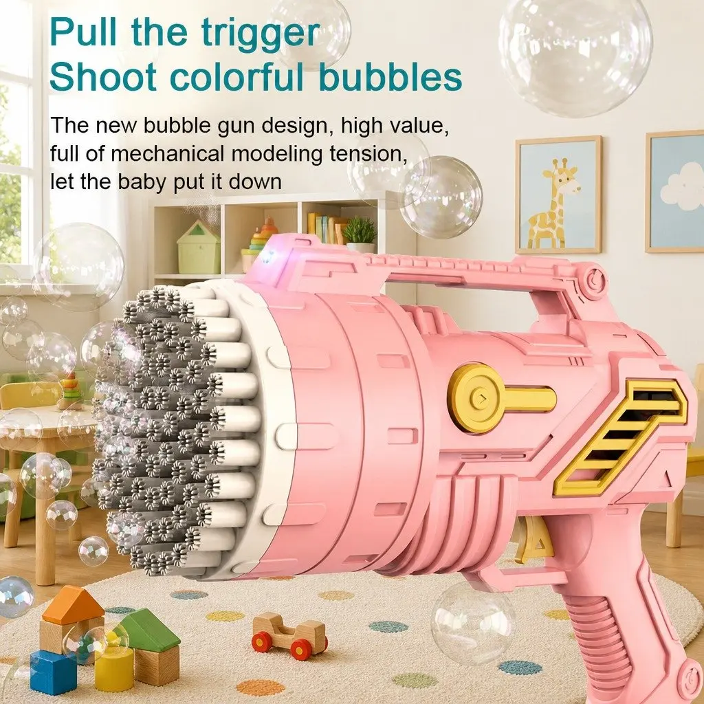 Bubble Gun Machine 69 Holes Luminous Hand Held Kids Toy Pink