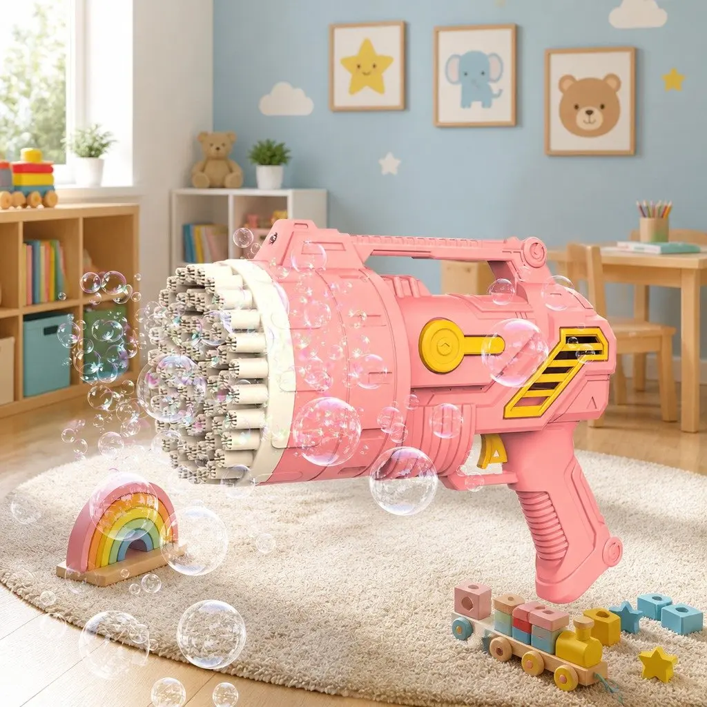 Bubble Gun Machine 69 Holes Luminous Hand Held Kids Toy Pink